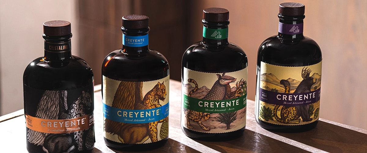 Variantes de Mezcal Creyente. Espadín, Tobalá, Cuishe y Cristalino.